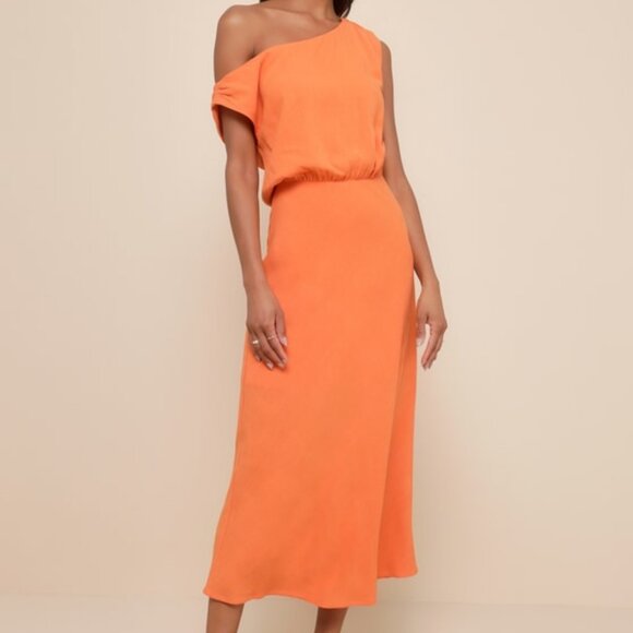 Lulus Casual Enchantment Orange Linen Off-the-shoulder Midi Dress - Size M - Picture 1 of 6